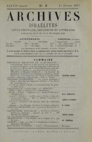 Archives israélites de France. Vol.38 N°03 (01 févr. 1877)